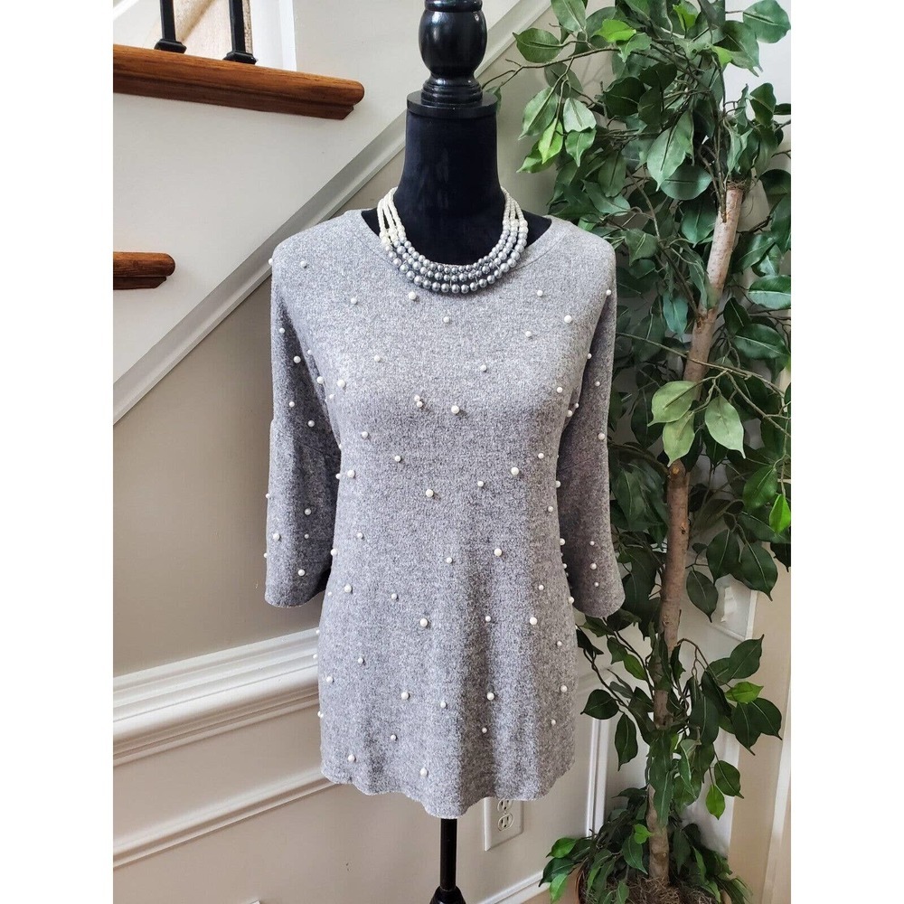 Zara Trafaluc Women Gray Cotton Round Neck Long Sleeve Knit Sweater Size Large